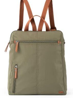 The Sak Esperato Olive Nylon Backpack Cognac Straps Zip Pockets